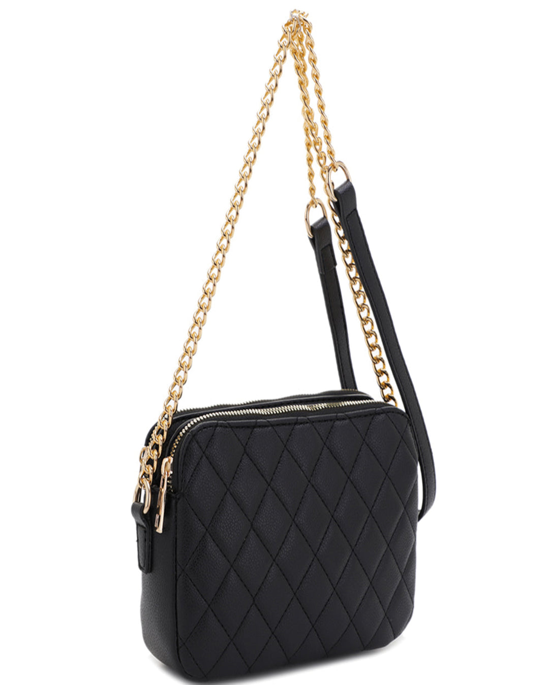 Quilted Crossbody Bag with Gold Chain Strap - Black