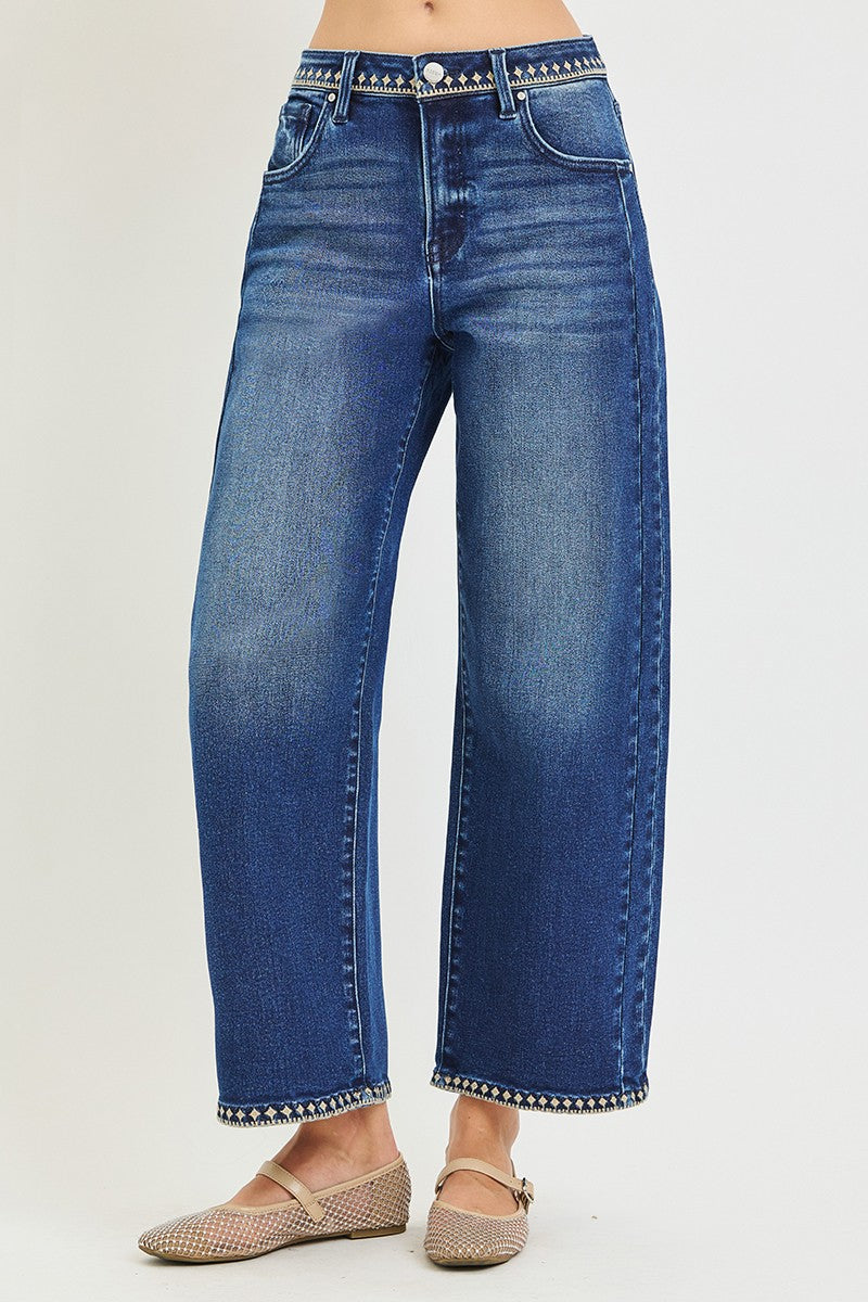 The Lauren cropped barrel jeans with geometric embroidered trim at the waistband and hems