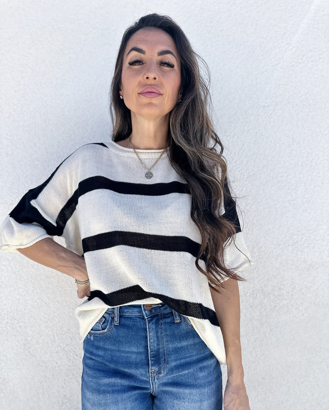 The Kristina Striped Short Sleeve Sweater Top