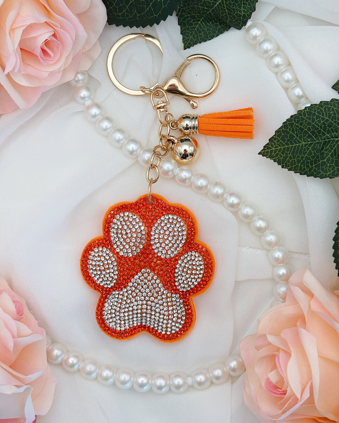 Paw Print Rhinestone Keychain - Orange