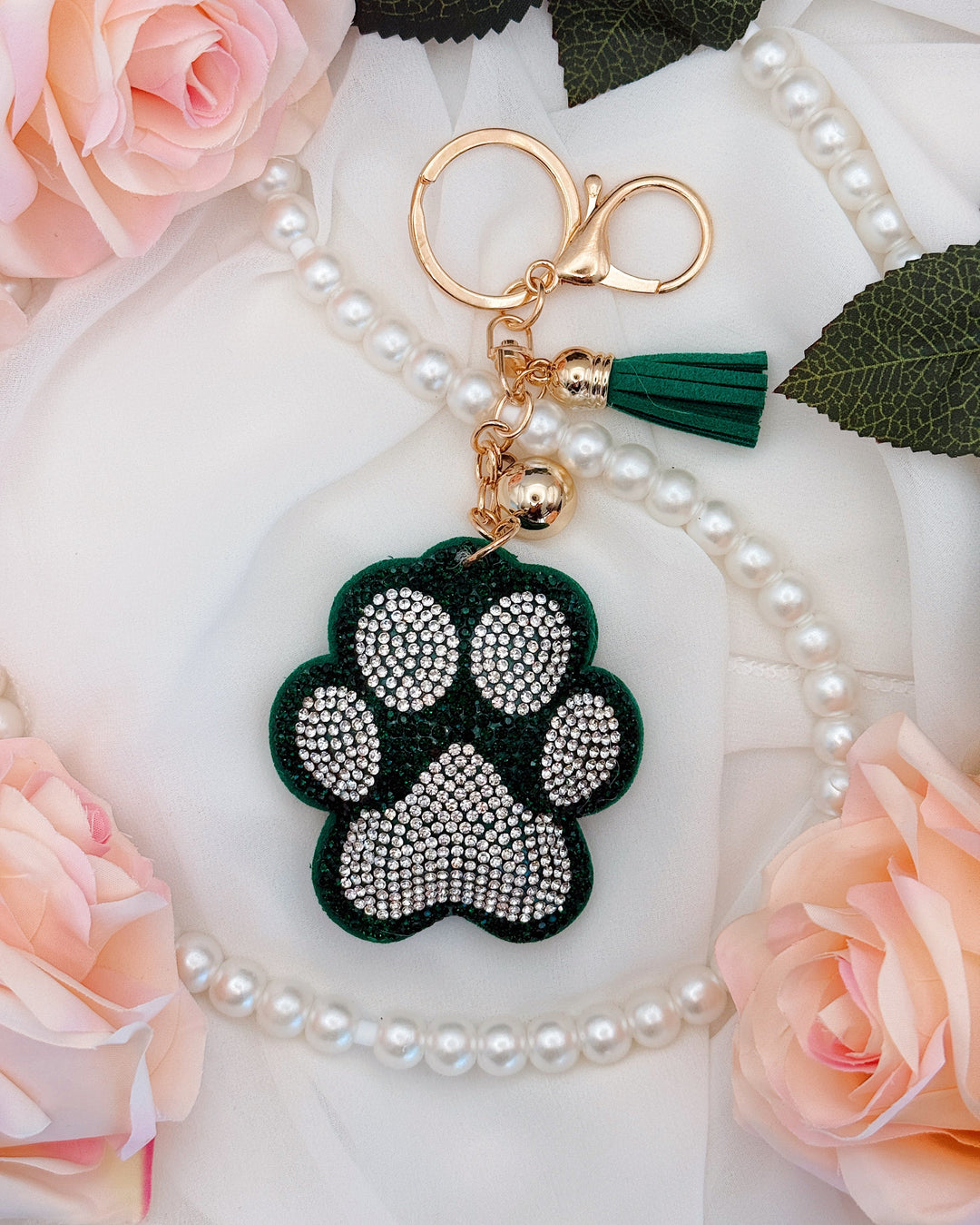 Paw Print Rhinestone Keychain - Green