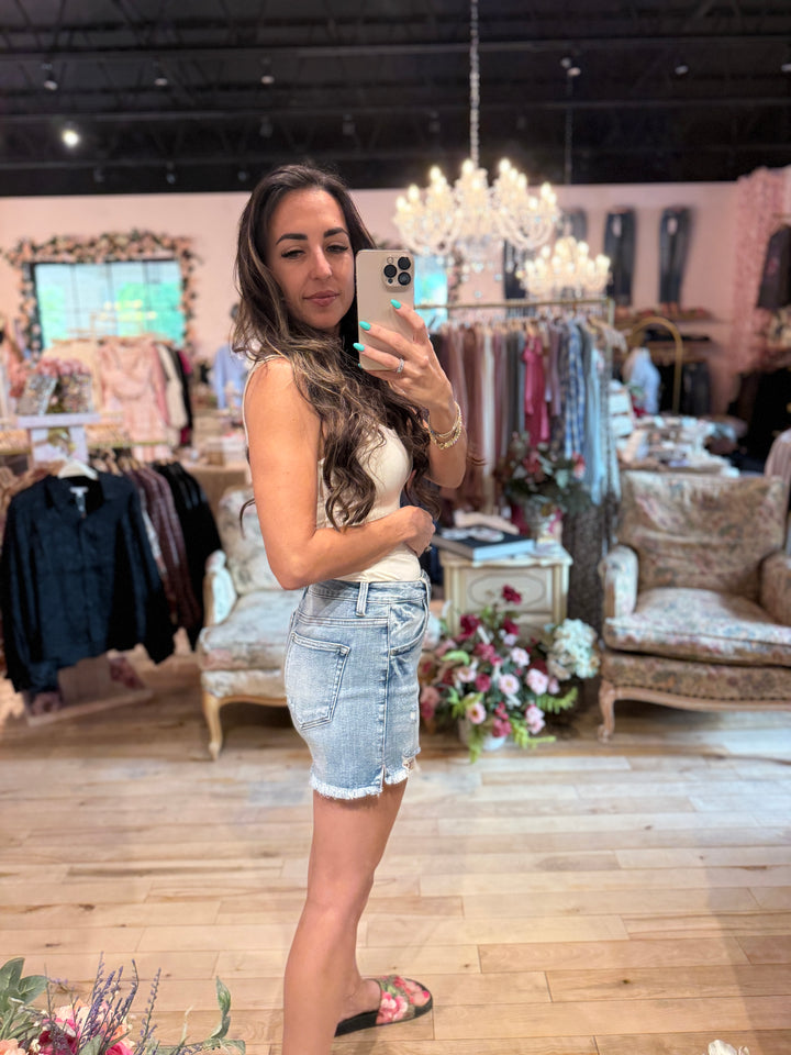 The Brianne High Rise Denim Shorts by Risen