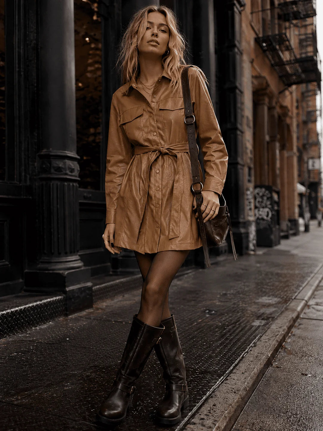 The Vivienne faux leather belted mini shirt dress with long sleeves and chest pockets