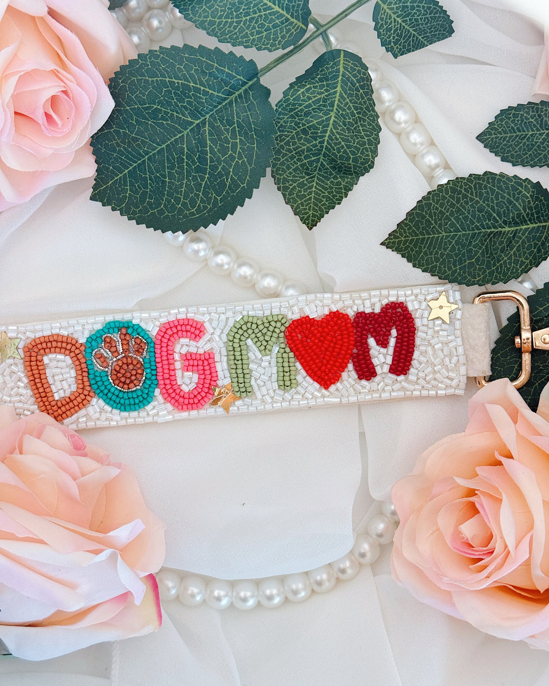 Dog Mom Beaded Keychain - White with Brown