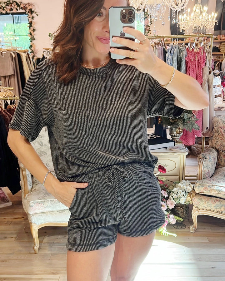 Mara Waffle Knit Top – Charcoal Grey