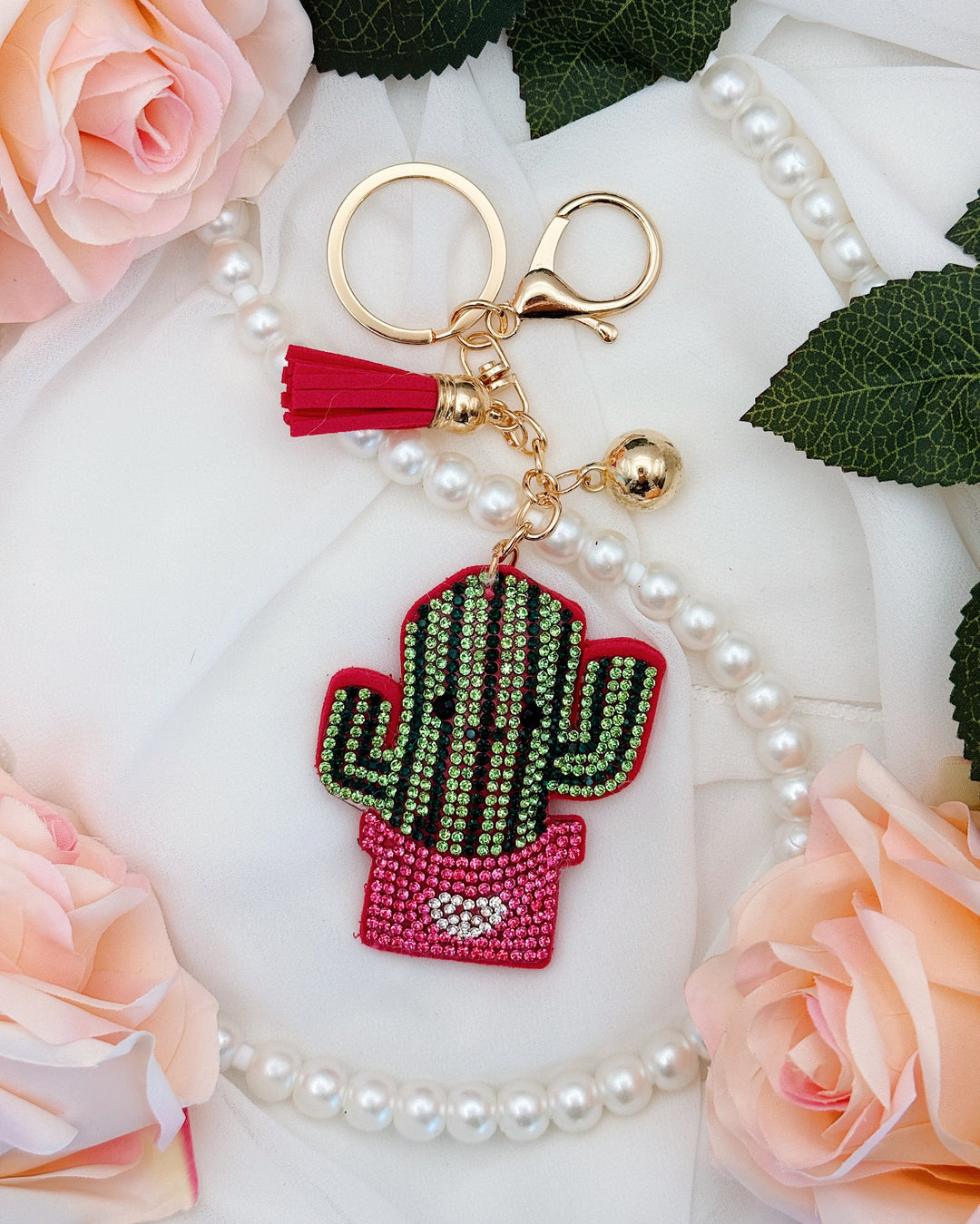 Rhinestone Potted Cactus Keychain