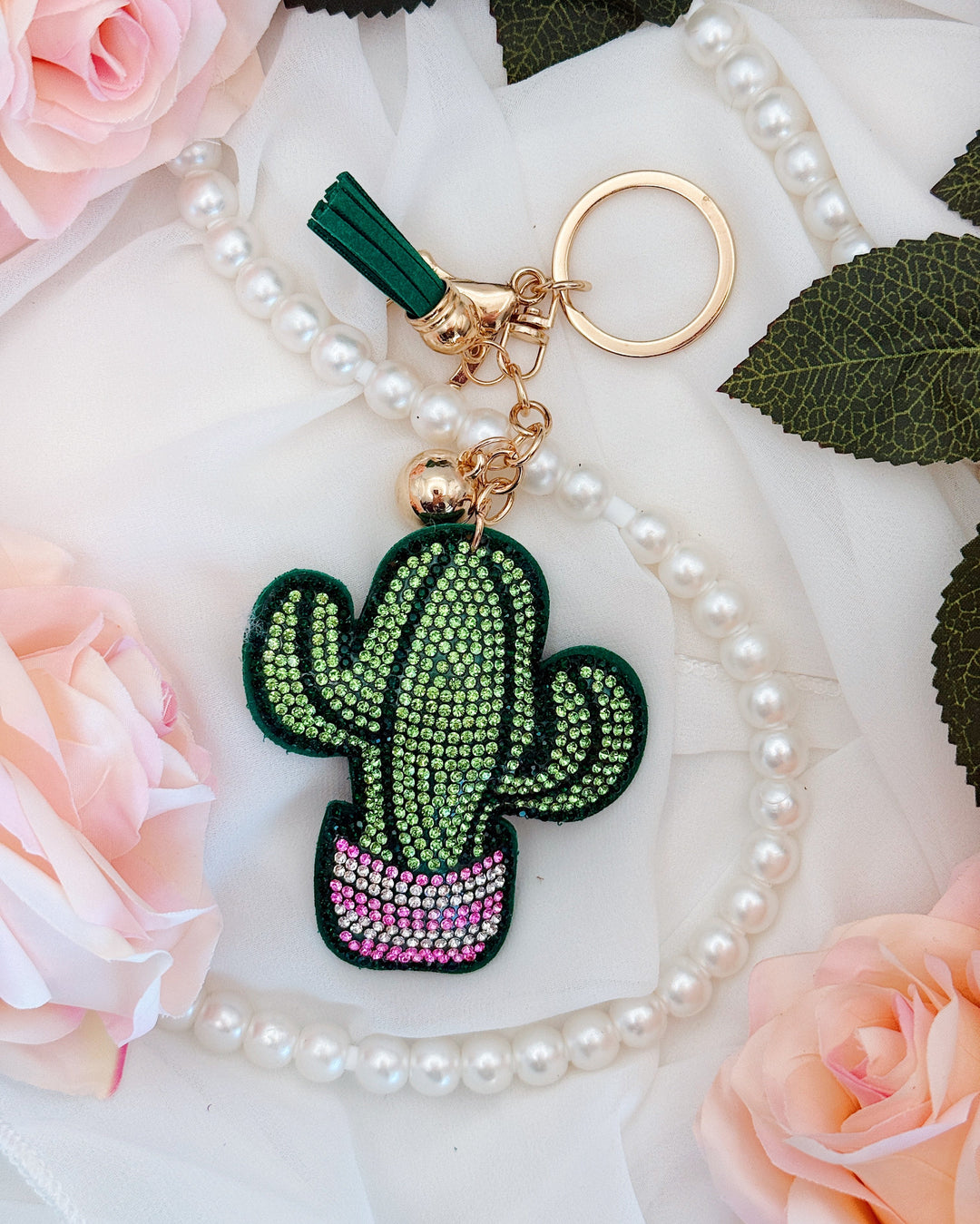 Rhinestone Potted Cactus Keychain