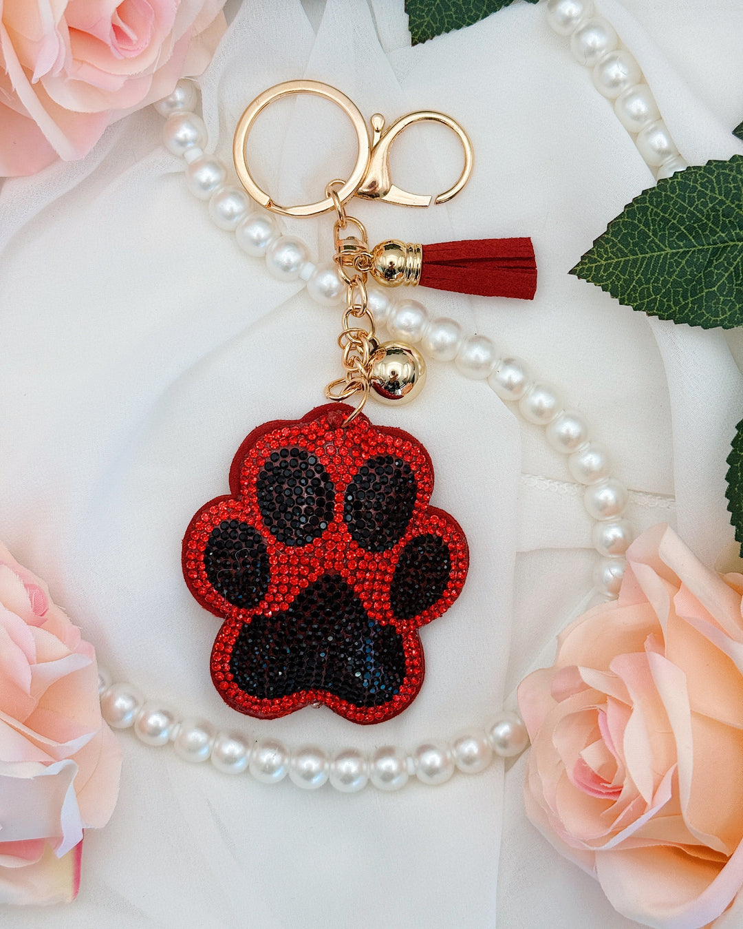 Paw Print Rhinestone Keychain - Red