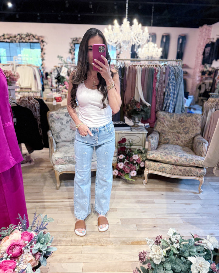 The Haley High-Rise Embroidered Wide-Leg Jeans
