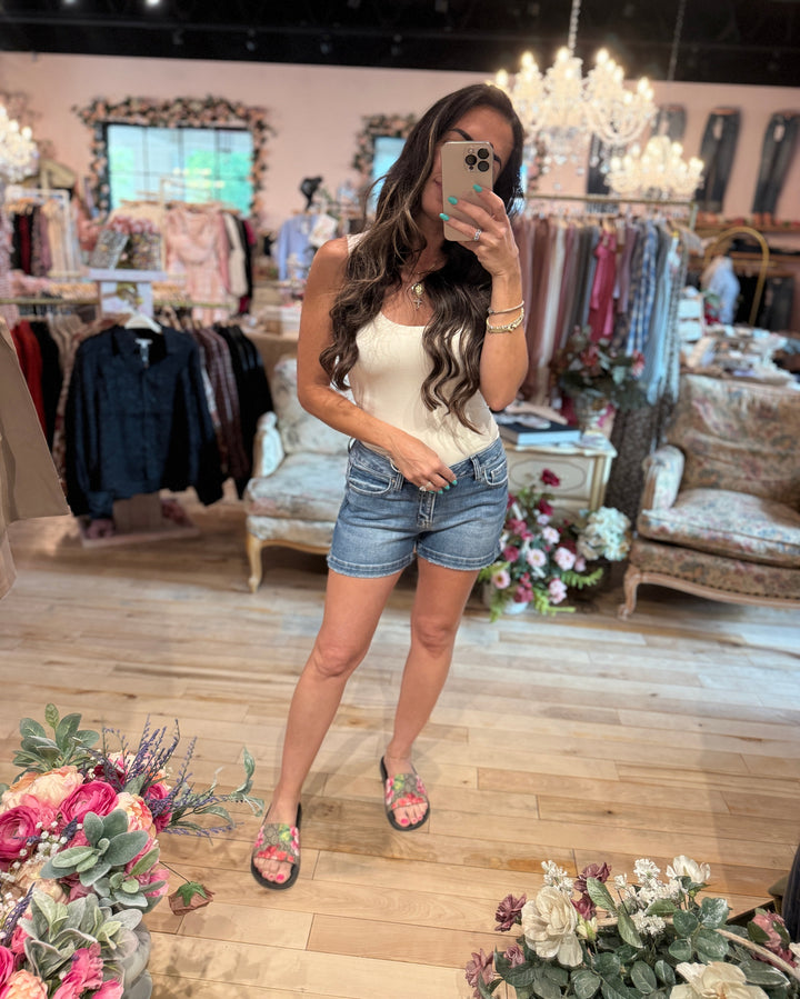 The Kayla Low Rise Slit Hem Shorts by Risen