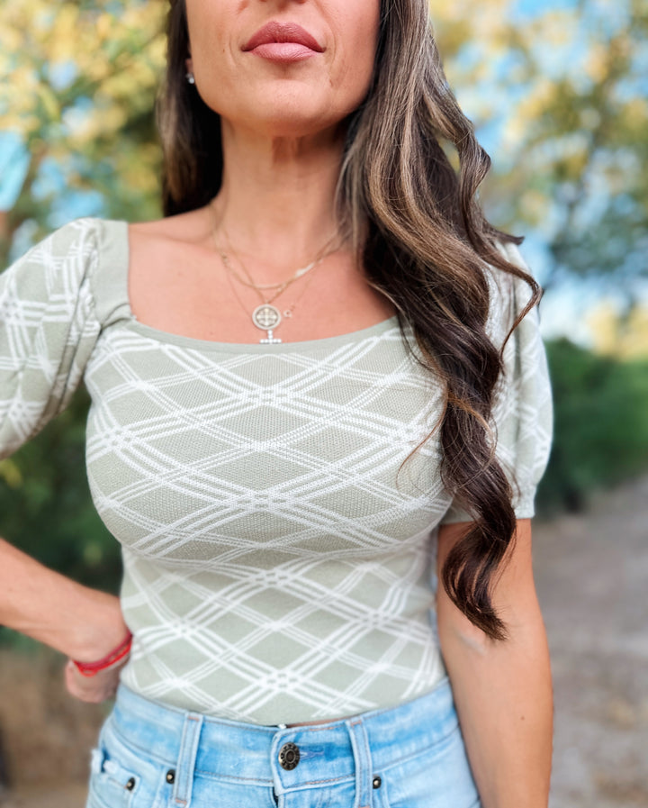 The Maryann Plaid Knit Off Shoulder Puff Sleeve Sweater Top