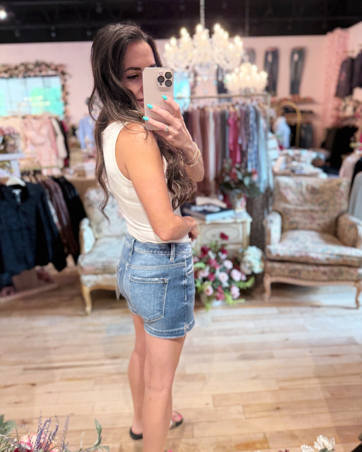 The Kayla Low Rise Slit Hem Shorts by Risen