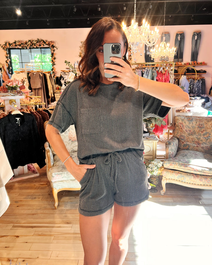 Mara Waffle Knit Top – Charcoal Grey