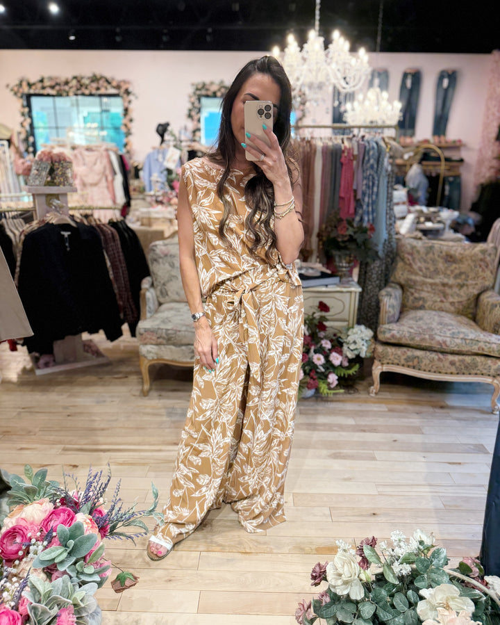 Naomi Floral Crop Tank - Camel