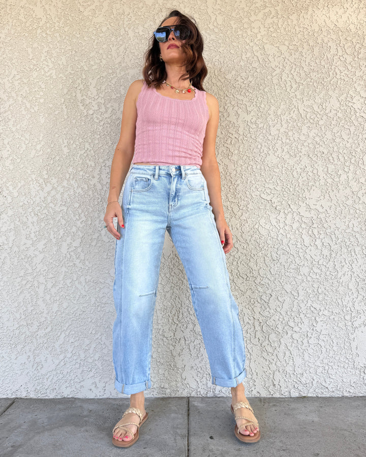 High-Rise Boyfriend Cuffed Barrel Jean by Risen - Light Wash