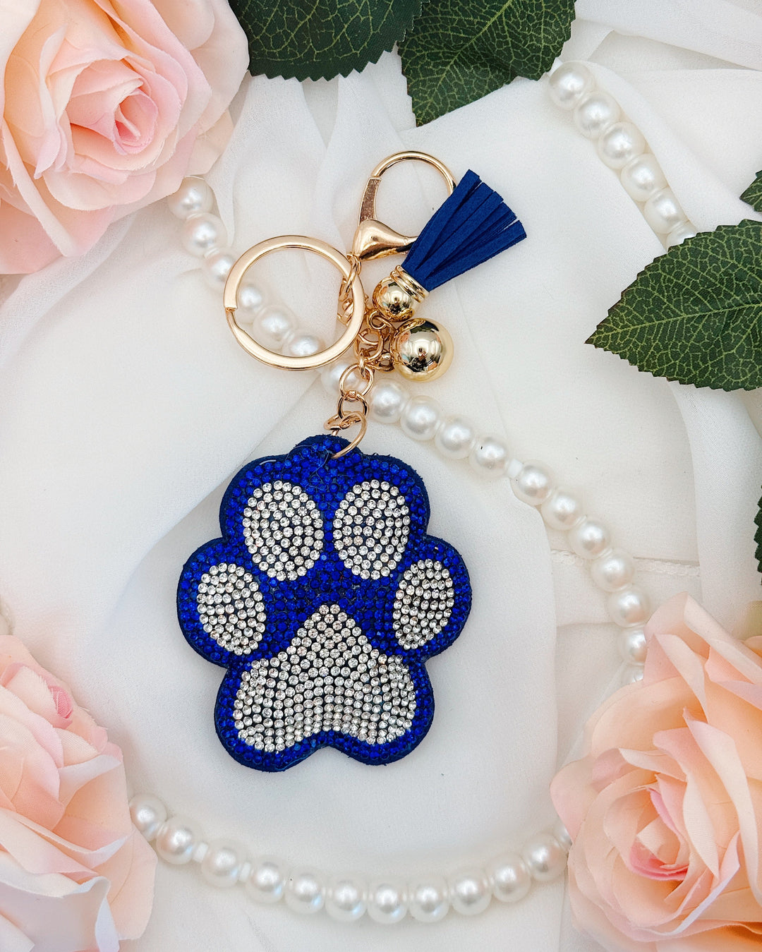 Paw Print Rhinestone Keychain - Blue