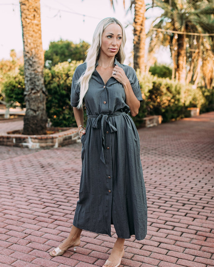 The Miranda Roll-Tab Sleeve Belted Shirt Midi Dress