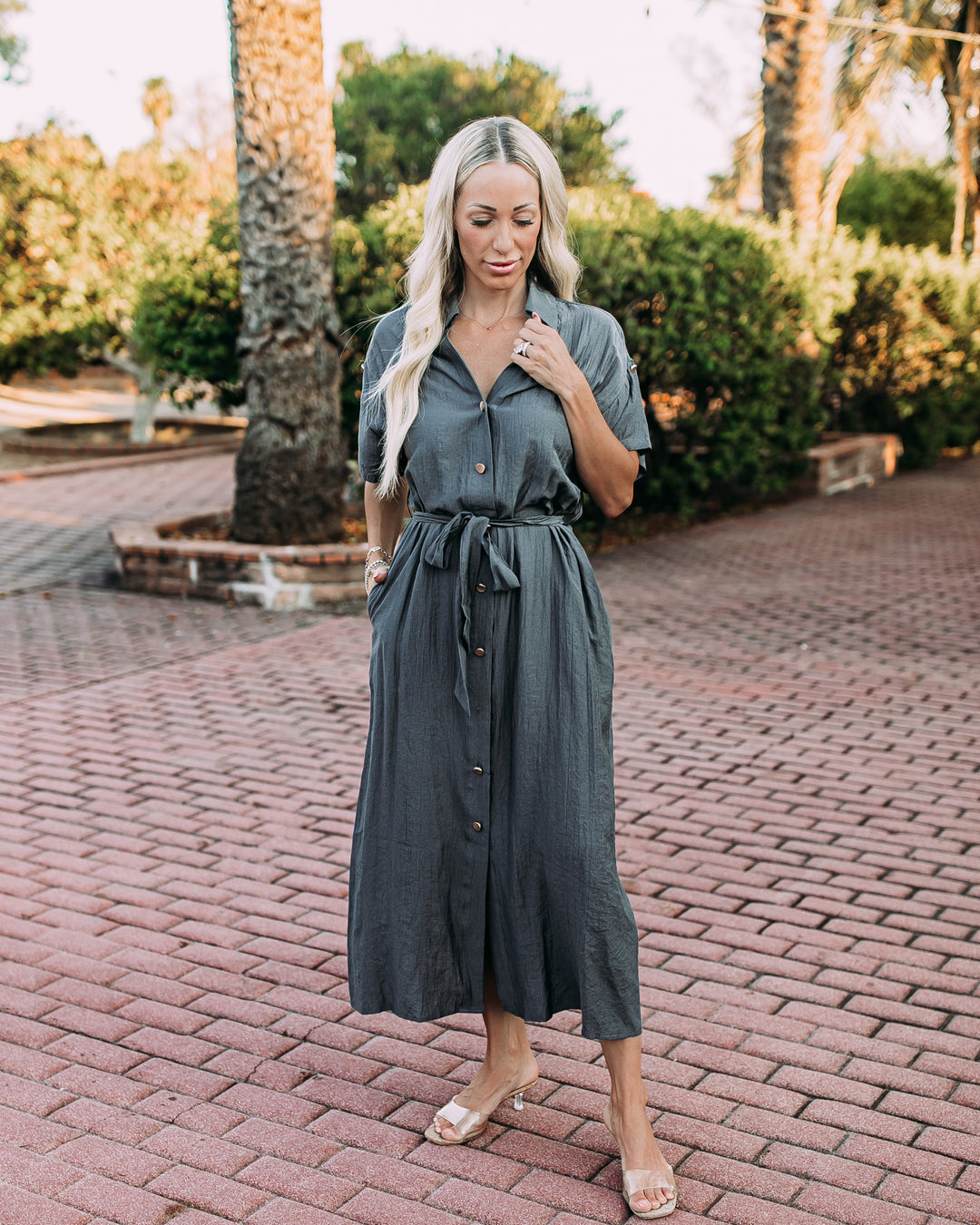 The Miranda Roll-Tab Sleeve Belted Shirt Midi Dress