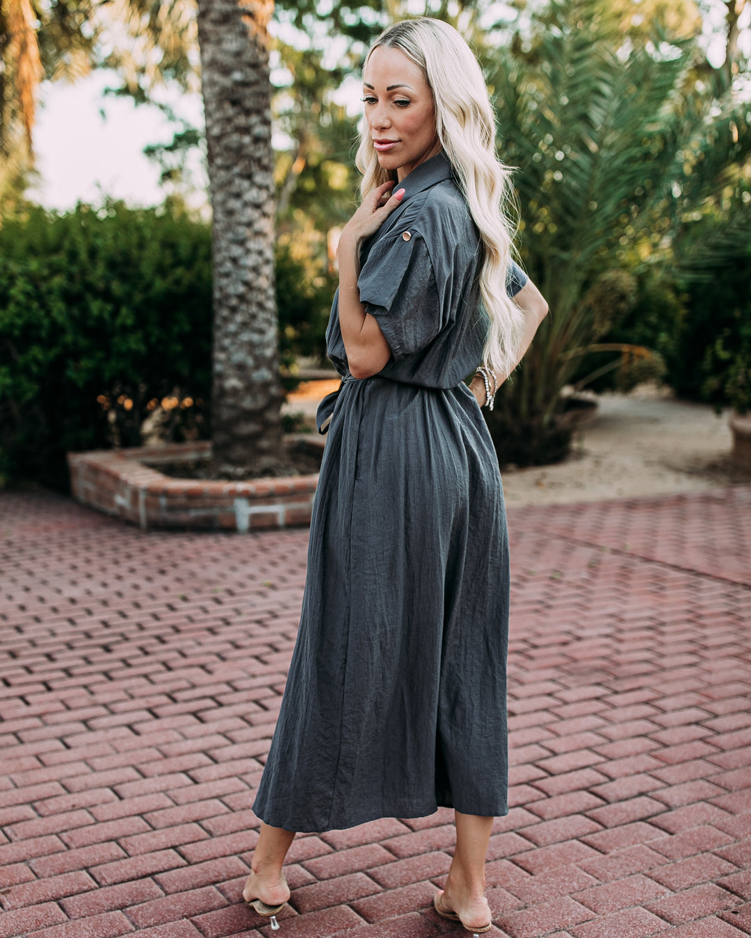 The Miranda Roll-Tab Sleeve Belted Shirt Midi Dress