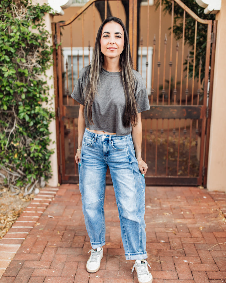 The Liv Daily Burn Out Crop Tee - Charcoal