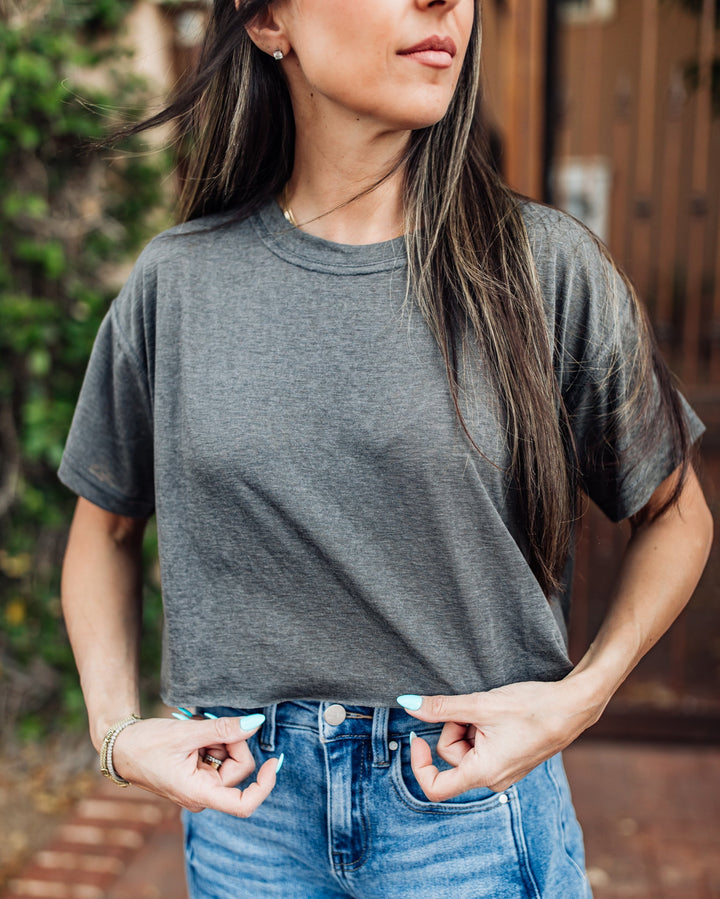 The Liv Daily Burn Out Crop Tee - Charcoal