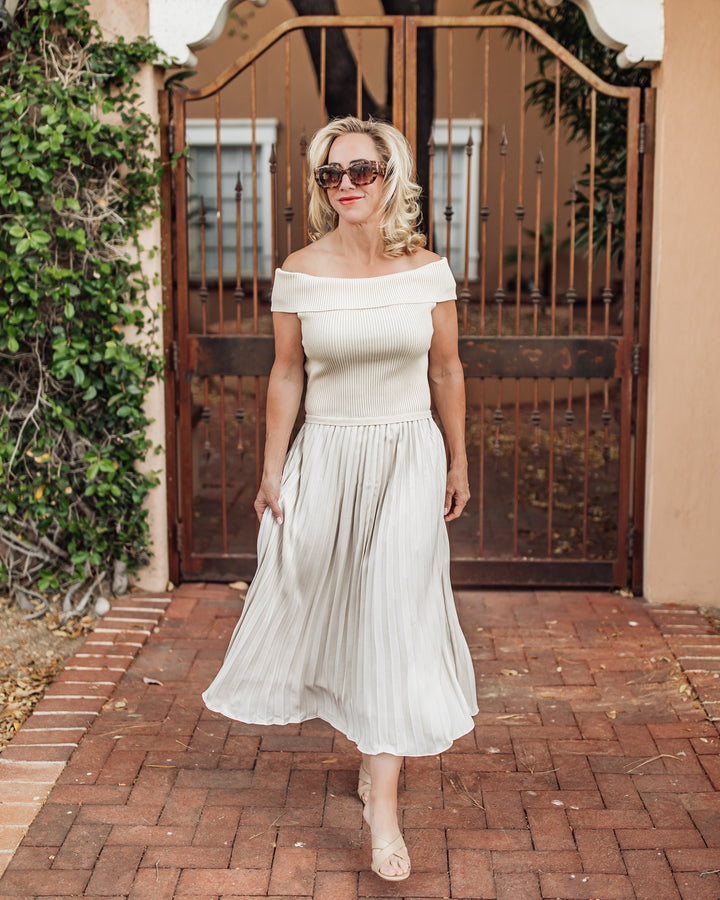 The Delilah Off-Shoulder Pleated Dress