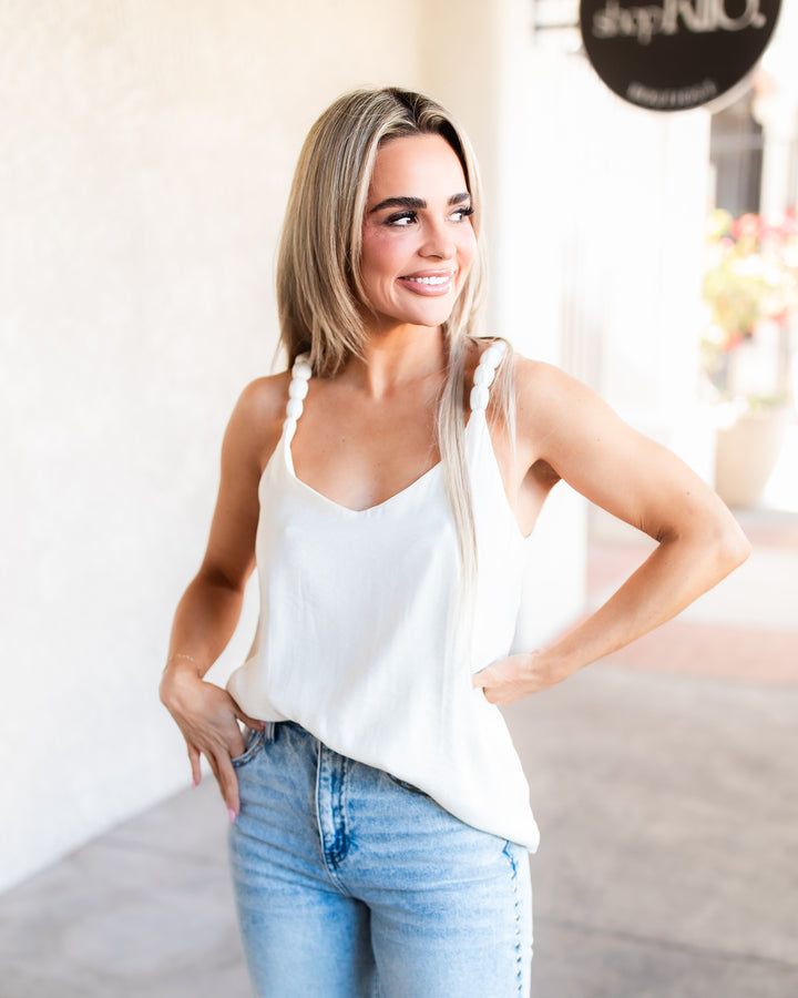 The Noelle Satin Accent Strap Tank - Winter White