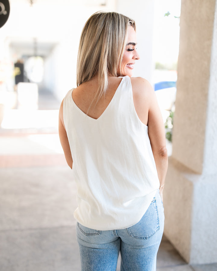 The Noelle Satin Accent Strap Tank - Winter White