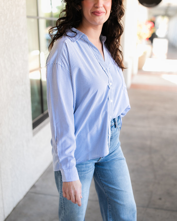The Tiffany Stripe Button Down Blouse - Blue