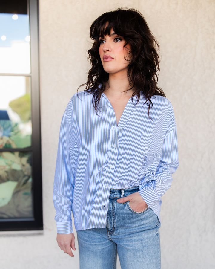 The Tiffany Stripe Button Down Blouse - Blue