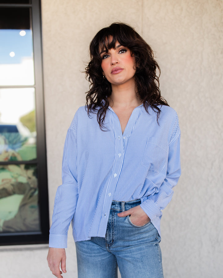 The Tiffany Stripe Button Down Blouse - Blue