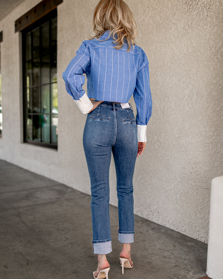 Emilienne Cropped Pinstripe Button Down Top