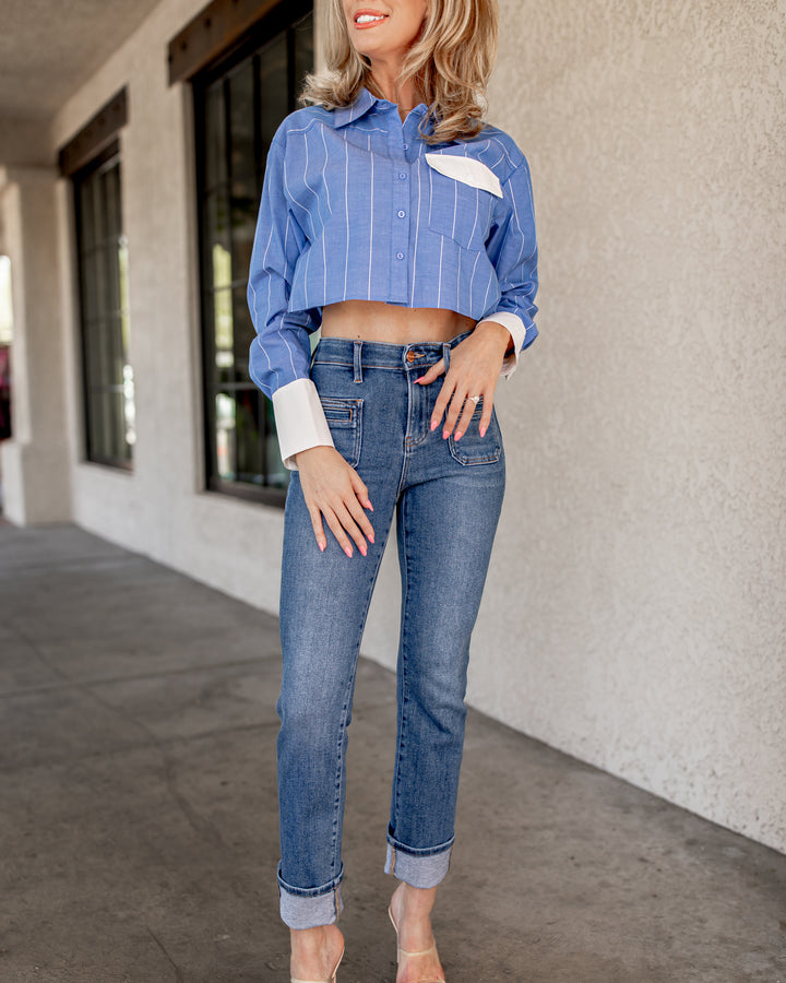 Emilienne Cropped Pinstripe Button Down Top