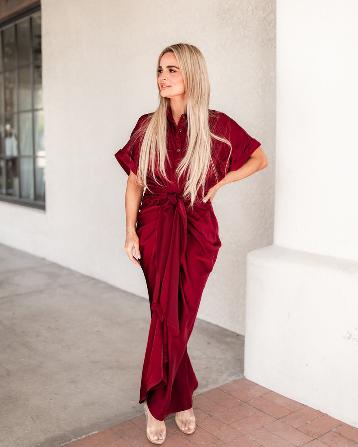 The Elizabeth Satin Shirt Dress - Wine