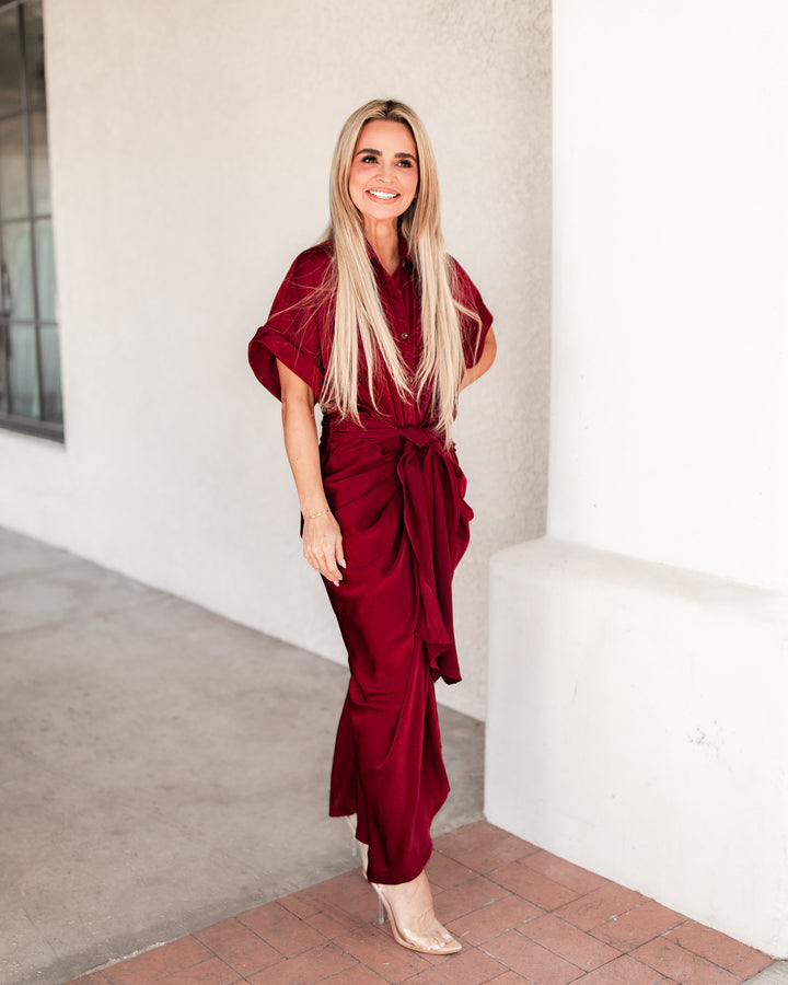 The Elizabeth Satin Shirt Dress - Wine