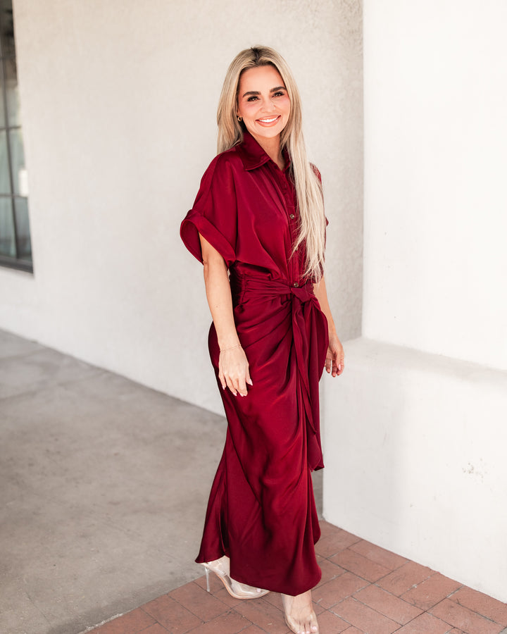 The Elizabeth Satin Shirt Dress - Wine