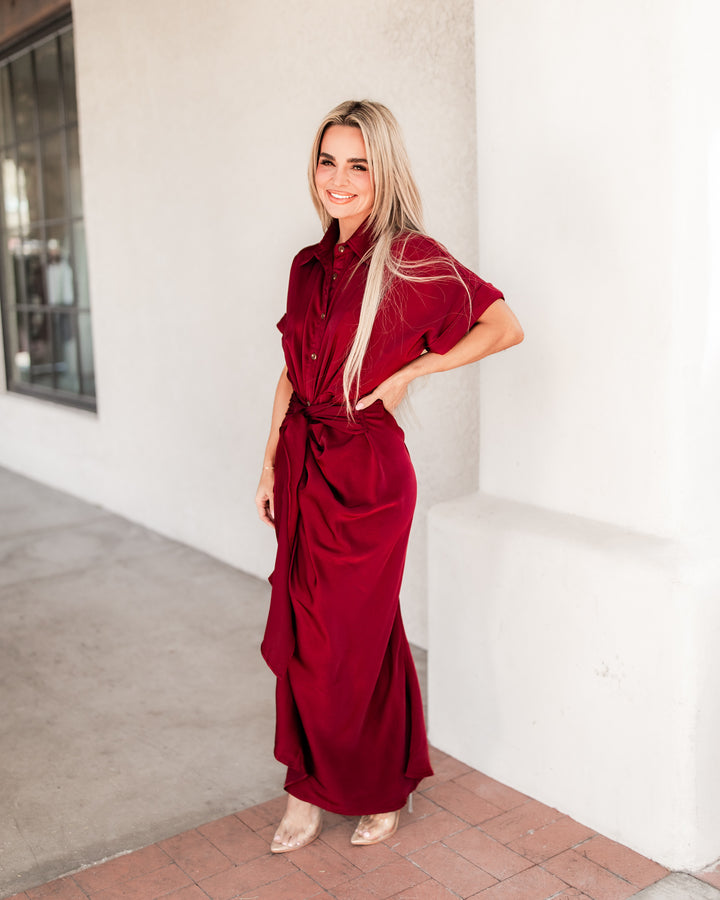 The Elizabeth Satin Shirt Dress - Wine