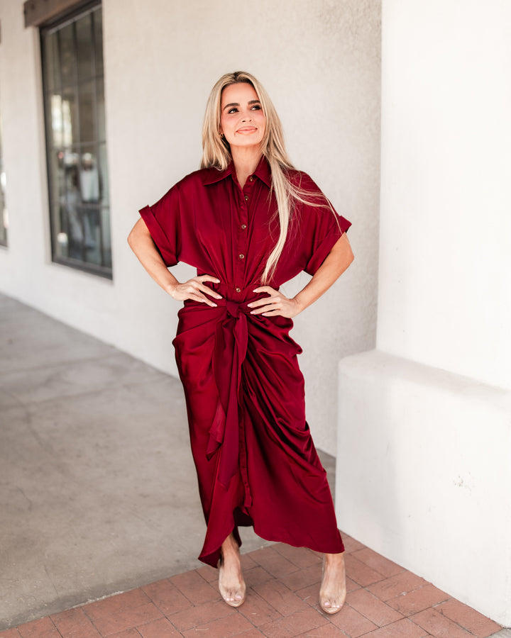The Elizabeth Satin Shirt Dress - Wine