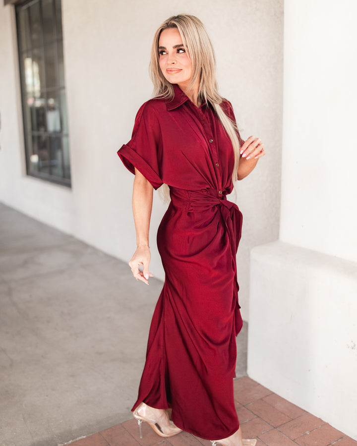 The Elizabeth Satin Shirt Dress - Wine
