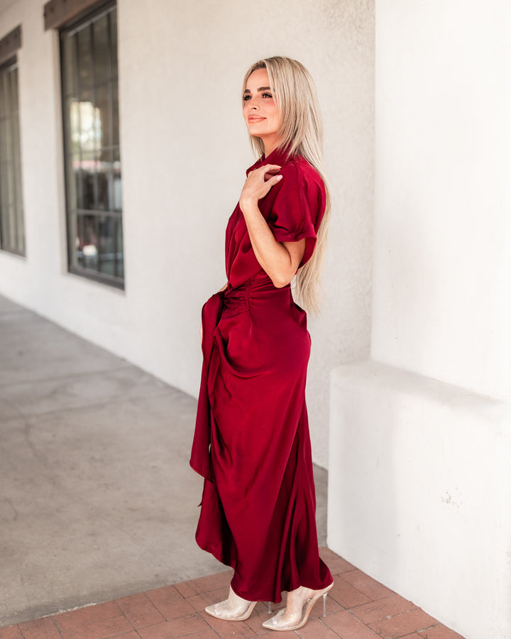 The Elizabeth Satin Shirt Dress - Wine