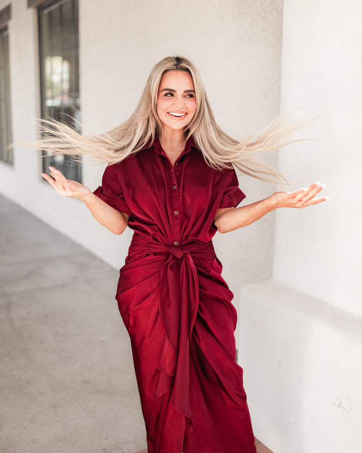 The Elizabeth Satin Shirt Dress - Wine