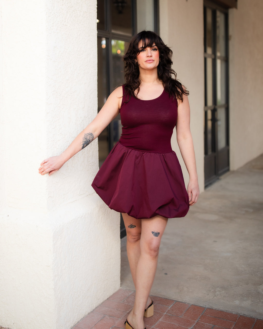 The Eleni Bubble Skirt Mini Dress - Wine