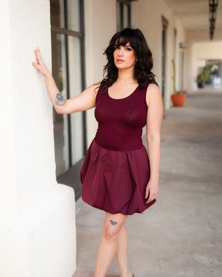 The Eleni Bubble Skirt Mini Dress - Wine
