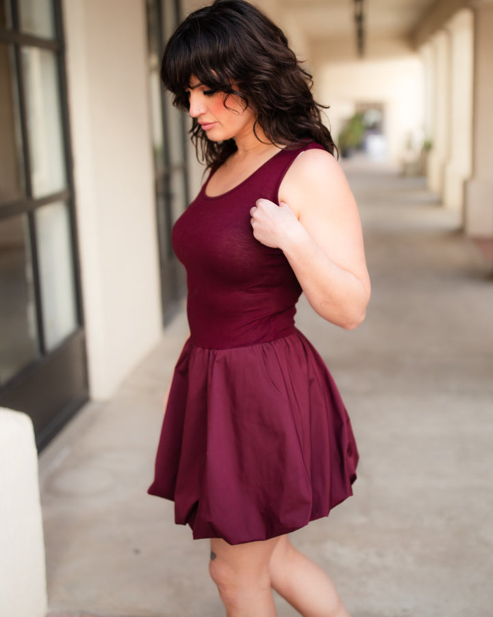 The Eleni Bubble Skirt Mini Dress - Wine