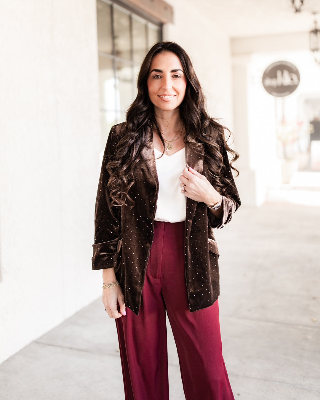 The Roma Studded Velvet Blazer - Brown
