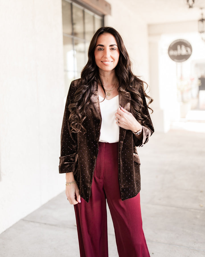 The Roma Studded Velvet Blazer - Brown