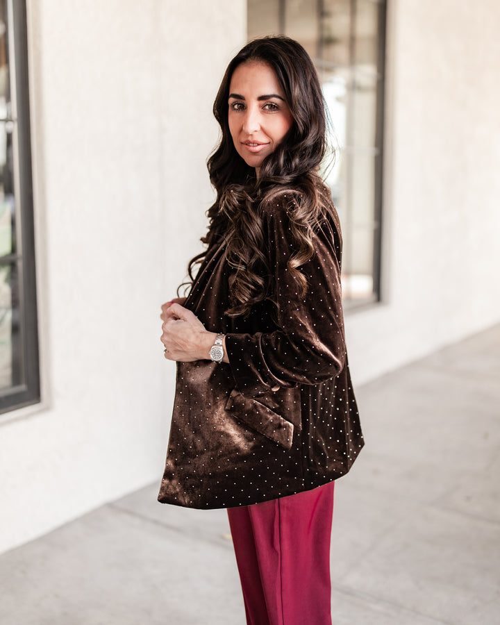 The Roma Studded Velvet Blazer - Brown