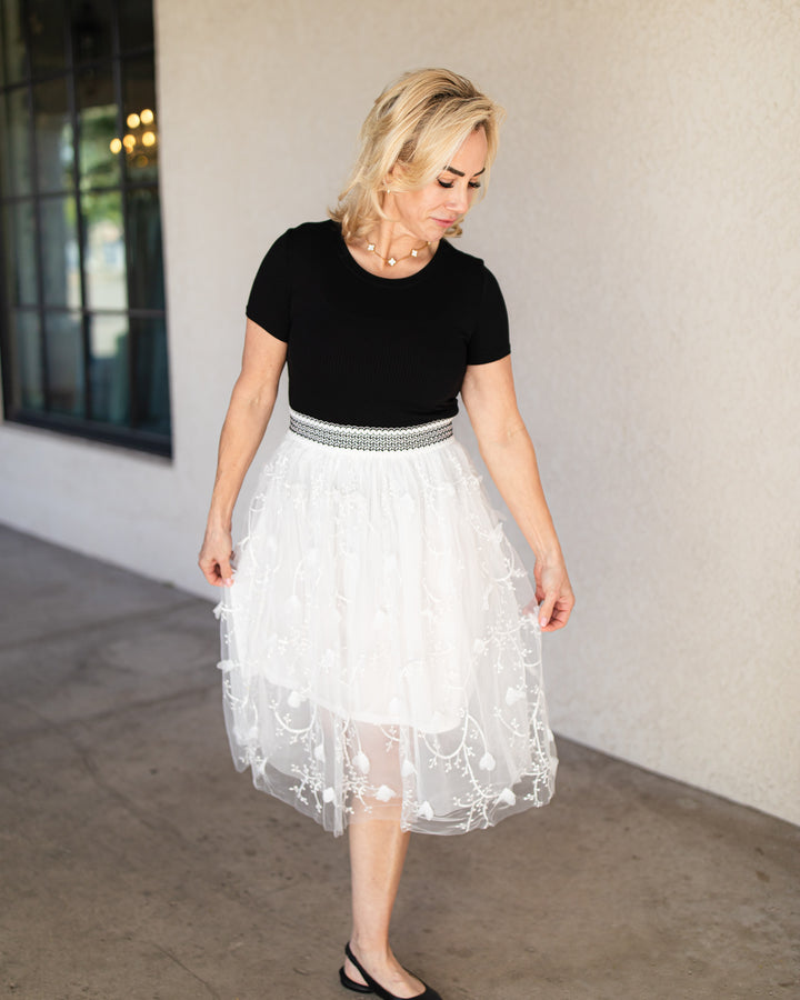 The Emilia Embroidered Tulle Midi Skirt