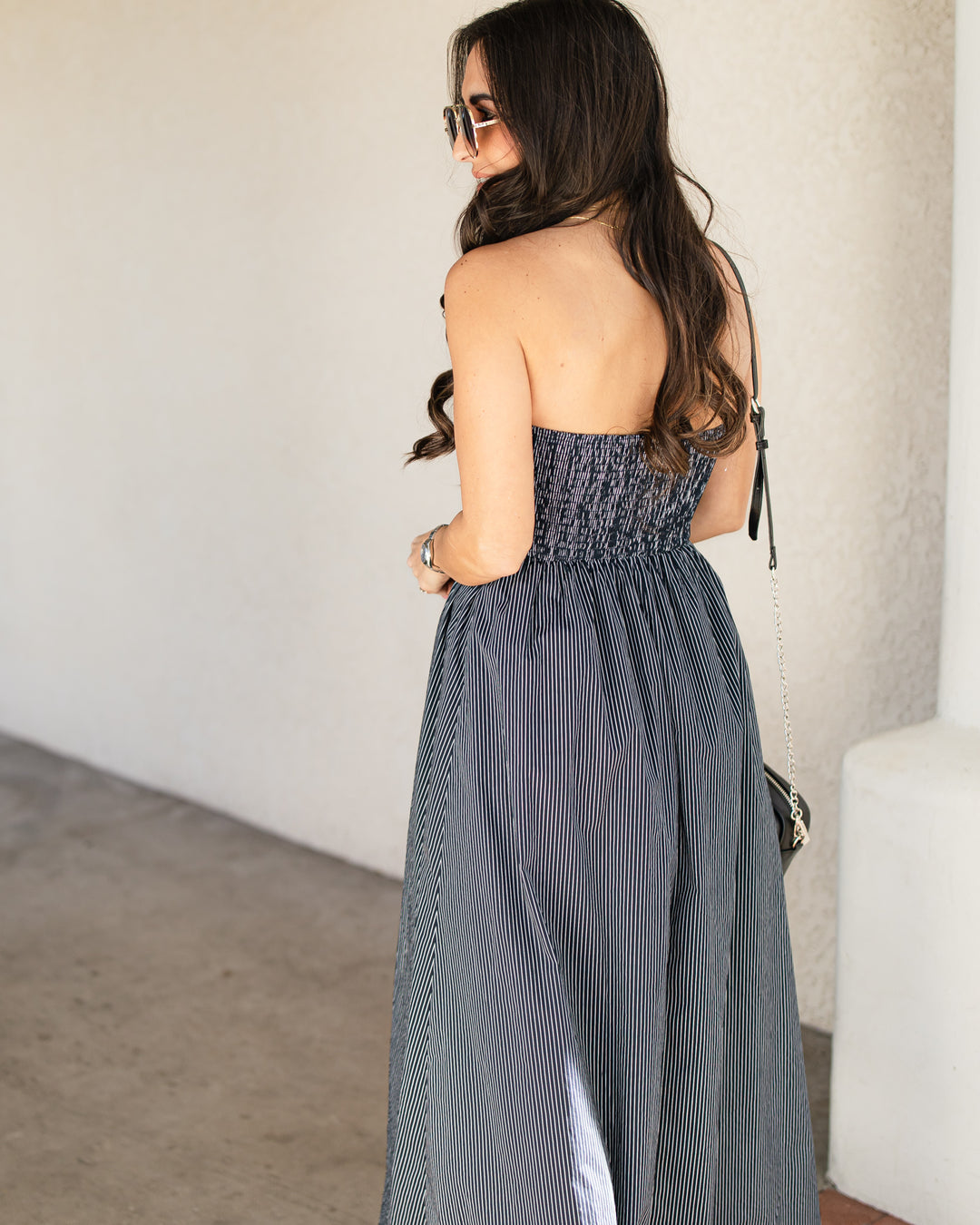 The Vinny Striped Smocked Maxi Dress - Deep Navy