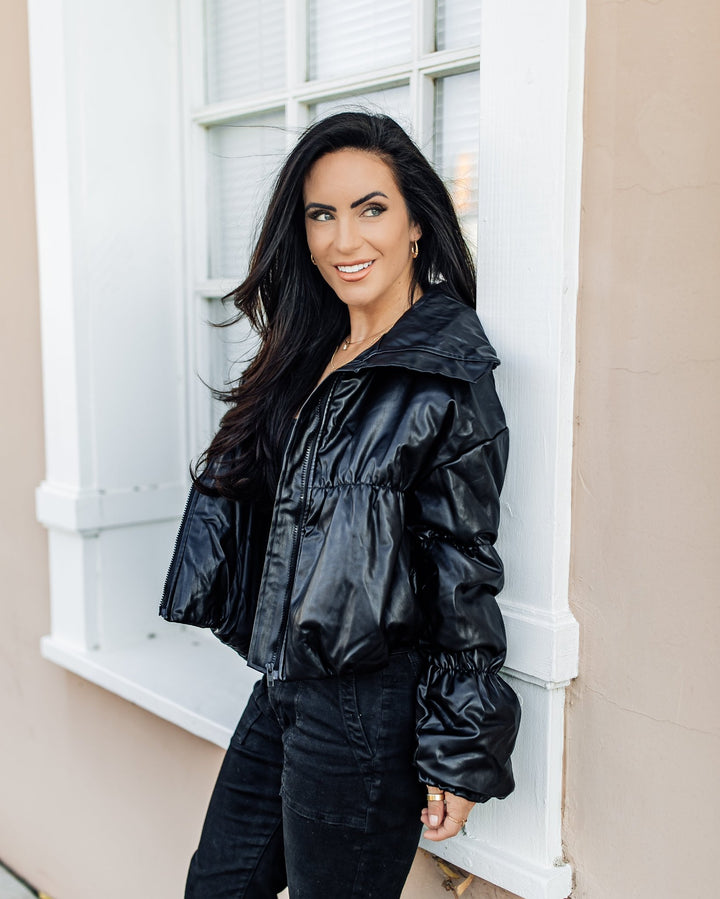 The Sandra Black Faux Leather Puff Jacket